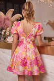 Vestido curto de regresso a casa, decote em V, estampado em linha em A, cor-de-rosa floral e mangas curtas