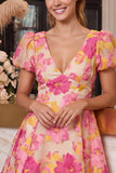 Vestido curto de regresso a casa, decote em V, estampado em linha em A, cor-de-rosa floral e mangas curtas