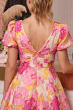 Vestido curto de regresso a casa, decote em V, estampado em linha em A, cor-de-rosa floral e mangas curtas