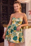 Vestido Curto de Finalistas de Finalistas Verde Floral, Sem Alças, em Linha A, com Folhos