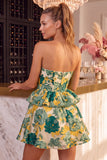 Vestido Curto de Finalistas de Finalistas Verde Floral, Sem Alças, em Linha A, com Folhos