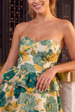 Vestido Curto de Finalistas de Finalistas Verde Floral, Sem Alças, em Linha A, com Folhos