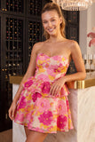 Vestido Curto de Finalistas de Finalistas Verde Floral, Sem Alças, em Linha A, com Folhos