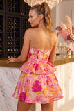 Vestido Curto de Finalistas de Finalistas Verde Floral, Sem Alças, em Linha A, com Folhos