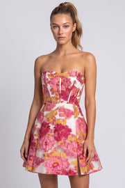Mini vestido de regresso a casa sem alças Corset Floral Corset Corset Rosa A-Line com Abertura