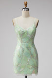 Vestido curto bodycon bodycon de regresso a casa, lantejoulas verde-menta, decote em V,