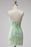 Vestido curto bodycon bodycon de regresso a casa, lantejoulas verde-menta, decote em V,