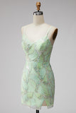 Vestido curto bodycon bodycon de regresso a casa, lantejoulas verde-menta, decote em V,