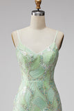 Vestido curto bodycon bodycon de regresso a casa, lantejoulas verde-menta, decote em V,