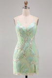 Vestido curto bodycon bodycon de regresso a casa, lantejoulas verde-menta, decote em V,
