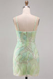 Vestido curto bodycon bodycon de regresso a casa, lantejoulas verde-menta, decote em V,