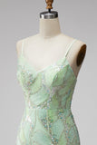 Vestido curto bodycon bodycon de regresso a casa, lantejoulas verde-menta, decote em V,