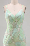 Vestido curto bodycon bodycon de regresso a casa, lantejoulas verde-menta, decote em V,
