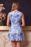 Vestido Curto de Finalistas Azul com Gola Redonda, Estampado em A,