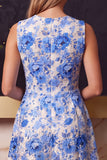 Vestido Curto de Finalistas Azul com Gola Redonda, Estampado em A,
