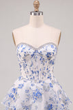 Vestido de Finalistas de Finalistas com Espartilhos de Flor Azul com Espartilhos A-Line A-Line com Folhos