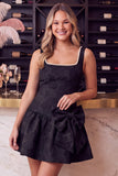 Vestido Curto de Finalista Preto, Jacquard Floral Pérola, Linha A e Laço