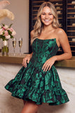 Espartilho verde escuro Bordado floral A-Line sem alças Vestido Curto de Regresso a Casa