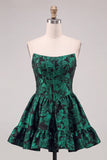 Espartilho verde escuro Bordado floral A-Line sem alças Vestido Curto de Regresso a Casa