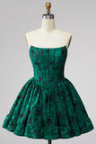 Espartilho verde escuro Bordado floral A-Line sem alças Vestido Curto de Regresso a Casa