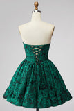 Espartilho verde escuro Bordado floral A-Line sem alças Vestido Curto de Regresso a Casa