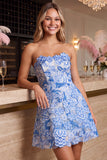 Vestido Azul Short Strapless A-Line com bordado floral