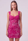 Vestido Curto de Boas-Vindas, Bodycon Floral Franzido, Azul Celeste, com Lantejoulas