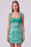 Vestido Curto de Boas-Vindas, Bodycon Floral Franzido, Azul Celeste, com Lantejoulas