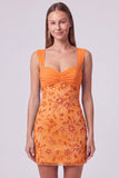 Vestido Curto de Boas-Vindas, Bodycon Floral Franzido, Azul Celeste, com Lantejoulas