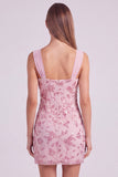 Vestido Curto de Boas-Vindas, Bodycon Floral Franzido, Azul Celeste, com Lantejoulas