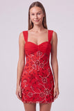 Vestido Curto de Boas-Vindas, Bodycon Floral Franzido, Azul Celeste, com Lantejoulas