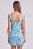 Vestido Curto de Boas-Vindas, Bodycon Floral Franzido, Azul Celeste, com Lantejoulas