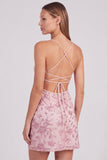 Vestido curto de regresso a casa, vestido curto com lantejoulas cor-de-rosa floral bodycon, lantejoulas e renda nas costas