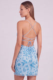 Vestido curto de regresso a casa, vestido curto com lantejoulas cor-de-rosa floral bodycon, lantejoulas e renda nas costas