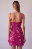 Vestido Curto de Homecoming com alças finas em fúcsia com alças finas, bodycon com missangas