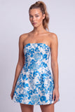 Vestido Floral Azul Claro Estampado em A-Line Strapless para o Regresso a Casa
