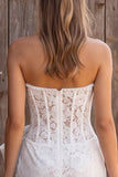 Espartilho Bodycon Bodycon Pérolas de Renda Sem Alças Vestido Curto de Chá de Noiva com Laço