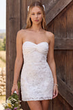 Vestido Curto de Chá de Noiva Curto Curto de Panela Bodycon em Marfim em Marfim, Renda Embaraçada, Floral e Franzido, Curto de Chá de Noiva
