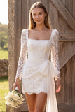 Bodycon com decote quadrado, renda, mangas compridas, vestido curto de duche de noiva com laço