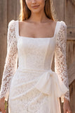 Bodycon com decote quadrado, renda, mangas compridas, vestido curto de duche de noiva com laço