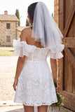 Vestido de duche de noiva de mangas curtas, folhos e folhos caídos, renda em marfim,