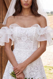 Vestido de duche de noiva de mangas curtas, folhos e folhos caídos, renda em marfim,