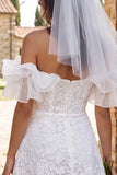 Vestido de duche de noiva de mangas curtas, folhos e folhos caídos, renda em marfim,
