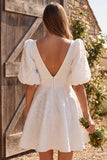 Vestido curto de chá de panela de panela em linha A com decote em V Jacquard e mangas bufantes curtas
