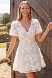 Vestido Curto de Chá de Noiva Curto A-Line A-Line com decote em V, decote em V e decote em marfim