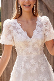 Vestido Curto de Chá de Noiva Curto A-Line A-Line com decote em V, decote em V e decote em marfim