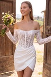 Espartilho bodycon marfim ombro descoberto, pérolas de renda franzida, vestido curto de chá de noiva