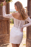 Espartilho bodycon marfim ombro descoberto, pérolas de renda franzida, vestido curto de chá de noiva