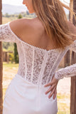 Espartilho bodycon marfim ombro descoberto, pérolas de renda franzida, vestido curto de chá de noiva