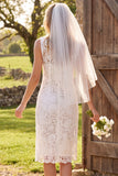 Vestido de duche de noiva midi floral com decote barco em renda em marfim